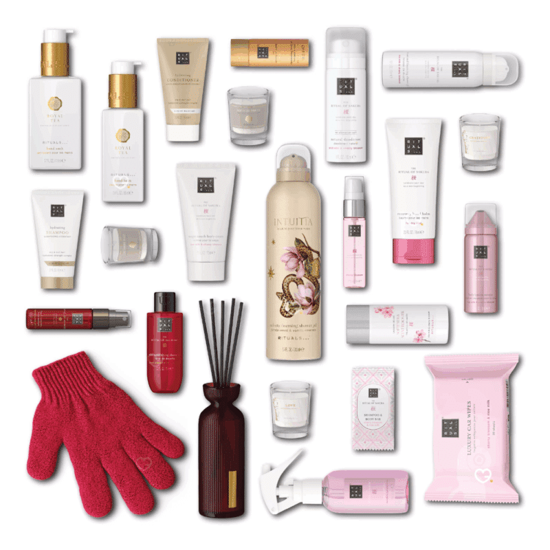 Contneu comple tdu Calendrier de l’Avent Rituals Deluxe 2025 élégant, coffret doré renfermant 24 soins corps, cheveux, parfums d’intérieur et accessoires premium.