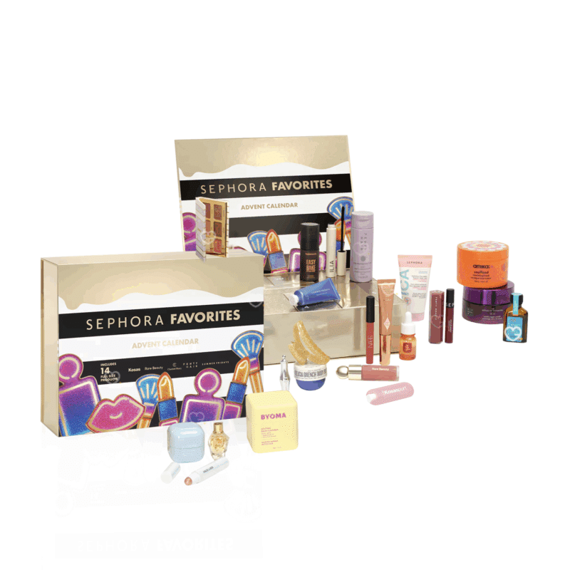 Calendrier de l’Avent Sephora Favorites 2025 avec 24 produits beauté premium maquillage, soins visage, cheveux et accessoires pour femmes.