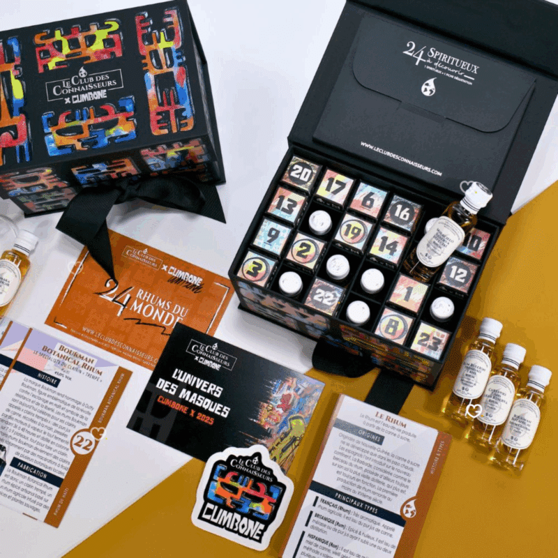 Calendrier de l’Avent Rhum Le Club des Connaisseurs 2025, coffret Cumbone design incluant 24 fioles de 20ml de rhums du monde et fiches de dégustation pour adulte amateurs de spiritueux.