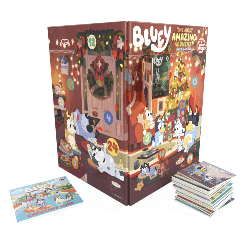 Calendrier de l’Avent Bluey 2025 pour enfants avec 24 petits livres d’histoires, 576 pages colorées à découvrir chaque jour avant Noël.