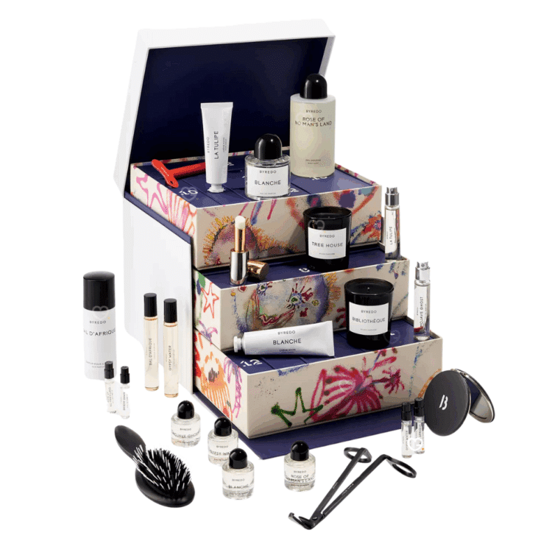 Calendrier de l’Avent Byredo 2025 édition luxe avec 24 mini parfums, bougies, soins et accessoires, idéal cadeau beauté premium femme