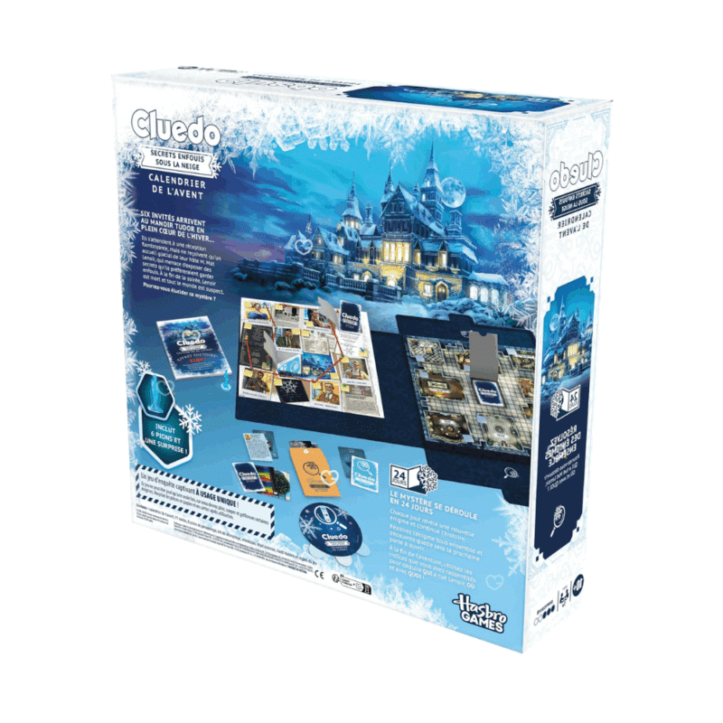 Calendrier de l’Avent Cluedo 2025 avec 24 jours de jeu, 22 énigmes, indices et pions, idéal pour familles et fans de jeux d’enquête.