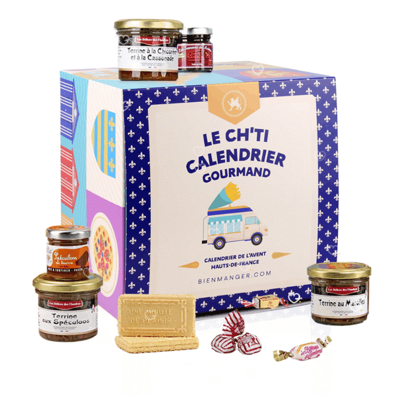 Calendrier de l’Avent gourmand Le Ch'ti Gourmand 2025 avec 24 spécialités sucrées et salées des Hauts-de-France, idéal adulte, homme femme avec produit artisanal.