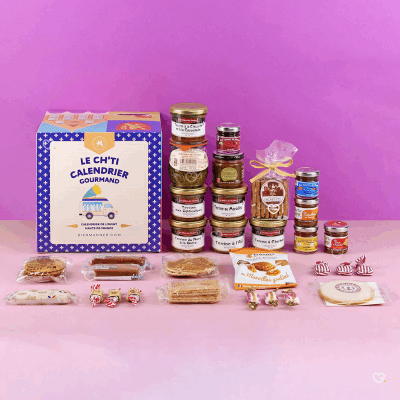 Calendrier de l’Avent gourmand Le Ch'ti Gourmand 2025 avec 24 spécialités sucrées et salées des Hauts-de-France, idéal adulte, homme femme avec produit artisanal.
