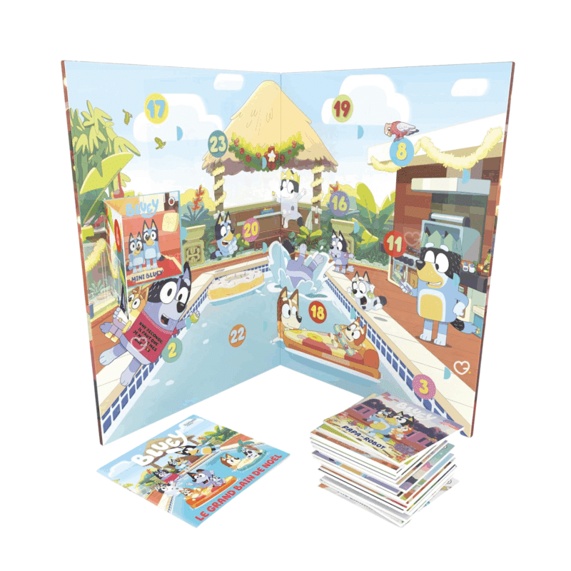 Calendrier de l’Avent Bluey 2025 pour enfants avec 24 petits livres d’histoires, 576 pages colorées à découvrir chaque jour avant Noël.