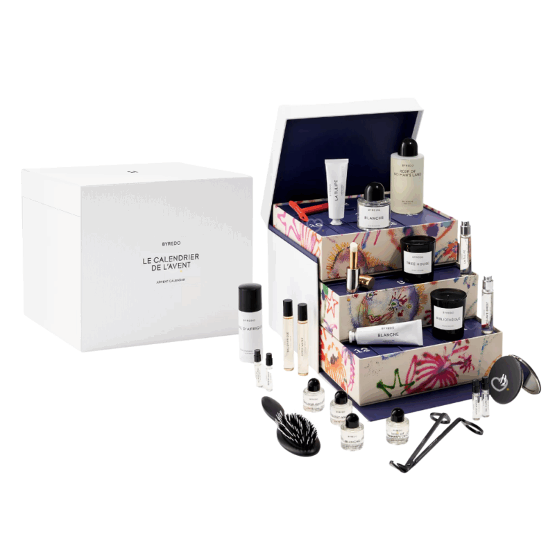 Calendrier de l’Avent Byredo 2025 édition luxe avec 24 mini parfums, bougies, soins et accessoires, idéal cadeau beauté premium femme