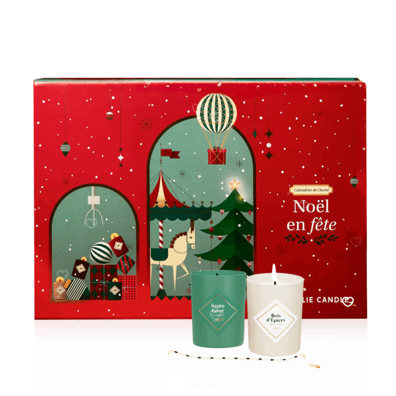 Calendrier de l’Avent My Jolie Candle 2025 élégant avec 24 surprises cocooning pour femmes, bougies parfumées, bijoux et décorations festives.