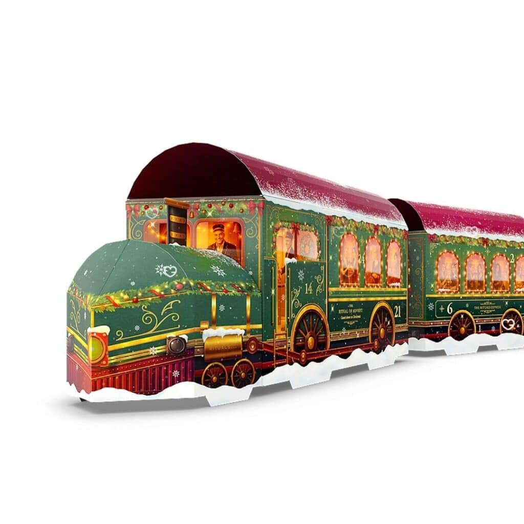 Calendrier de l'Avent Rituals Premium 2026, le train The Rituals Express en carton sur fond blanc