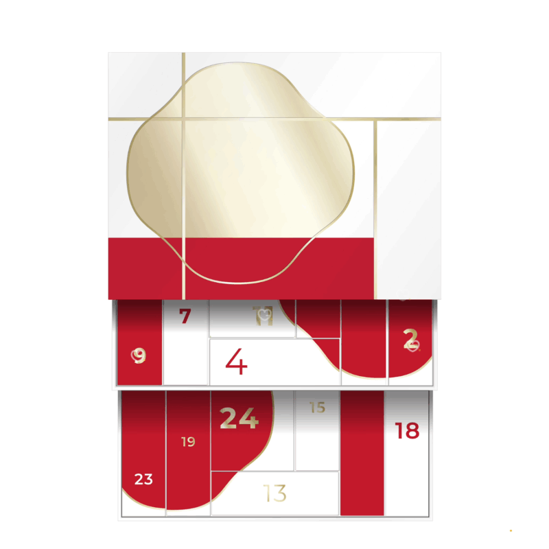 Coffret beauté blanc, rouge et or Calendrier de l'Avent Shiseido 2025 contenant 24 soins visage, corps et maquillage
