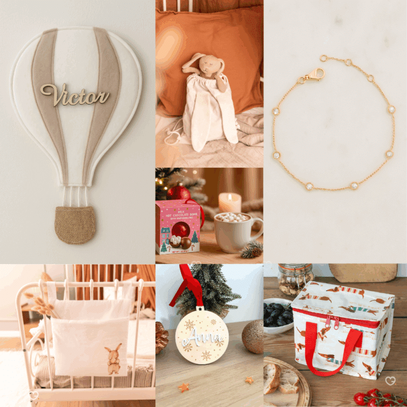 Calendrier de l’Avent Bébé 2025 pour maman et enfant. Coffret original en hotte réutilisable avec 25 surprises utiles et tendres : accessoires, soins, déco et bijou pour jeunes parents.