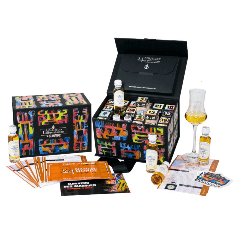 Calendrier de l’Avent Rhum Le Club des Connaisseurs 2025, coffret Cumbone design incluant 24 fioles de 20ml de rhums du monde et fiches de dégustation pour adulte amateurs de spiritueux.