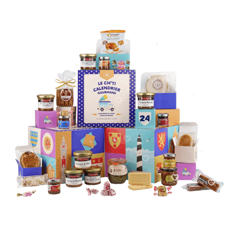 Calendrier de l’Avent gourmand Le Ch'ti Gourmand 2025 avec 24 spécialités sucrées et salées des Hauts-de-France, idéal adulte, homme femme avec produit artisanal.