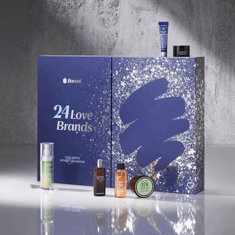 Calendrier de l’Avent Flaconi Homme 2025 avec 24 produits de beauté de grandes marques : soins et parfums, formats exclusifs et voyage, idéal pour homme élégant.