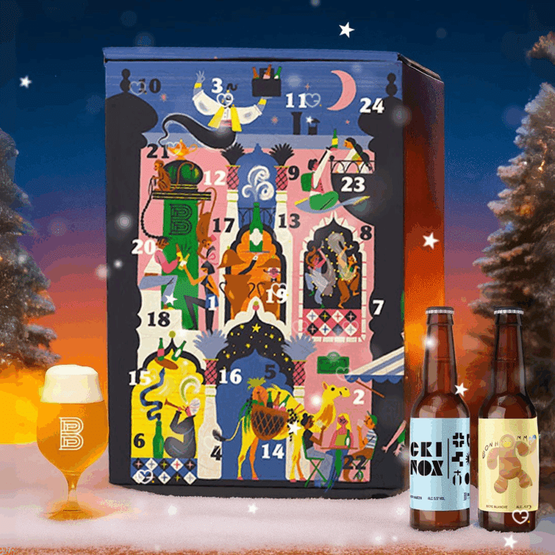 Calendrier de l’Avent Biere BAPBAP 2025 avec 24 bières artisanales dont 7 exclusives, coffret collector coloré Charlotte Molas pour amateurs de craft et beer.