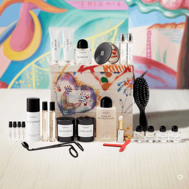 Calendrier de l’Avent Byredo 2025 édition luxe avec 24 mini parfums, bougies, soins et accessoires, idéal cadeau beauté premium femme