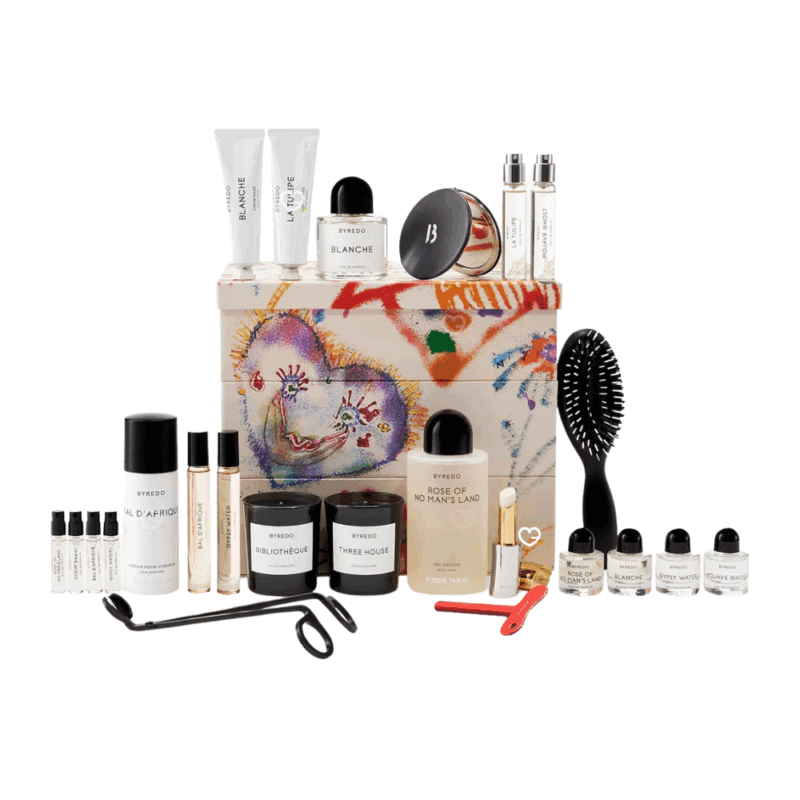 Calendrier de l’Avent Byredo 2025 édition luxe avec 24 mini parfums, bougies, soins et accessoires, idéal cadeau beauté premium femme