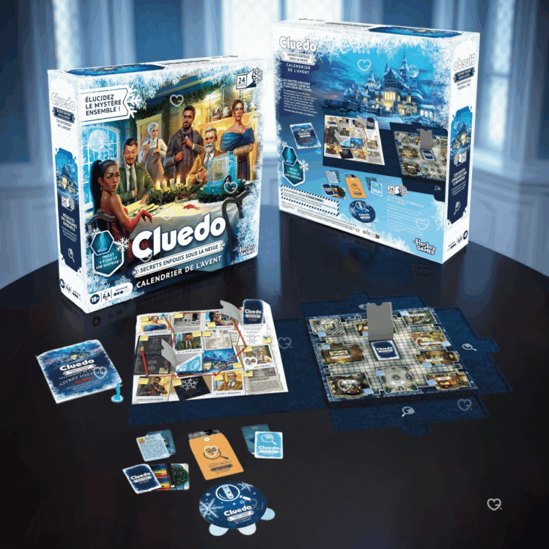 Calendrier de l’Avent Cluedo 2025 avec 24 jours de jeu, 22 énigmes, indices et pions, idéal pour familles et fans de jeux d’enquête.