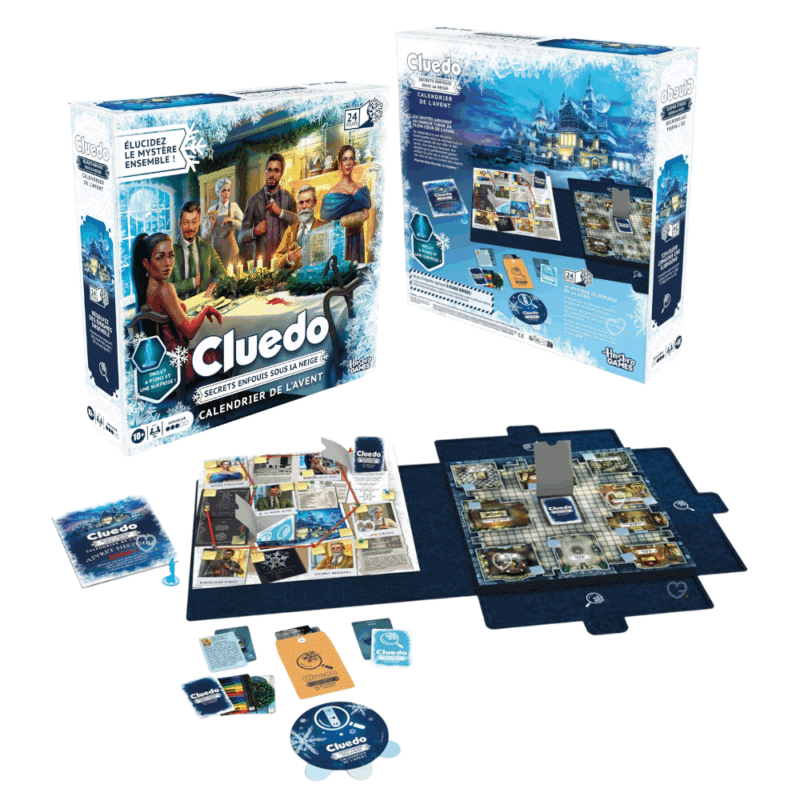 Calendrier de l’Avent Cluedo 2025 avec 24 jours de jeu, 22 énigmes, indices et pions, idéal pour familles et fans de jeux d’enquête.