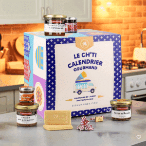 Calendrier de l’Avent gourmand Le Ch'ti Gourmand 2025 avec 24 spécialités sucrées et salées des Hauts-de-France, idéal adulte, homme femme avec produit artisanal.