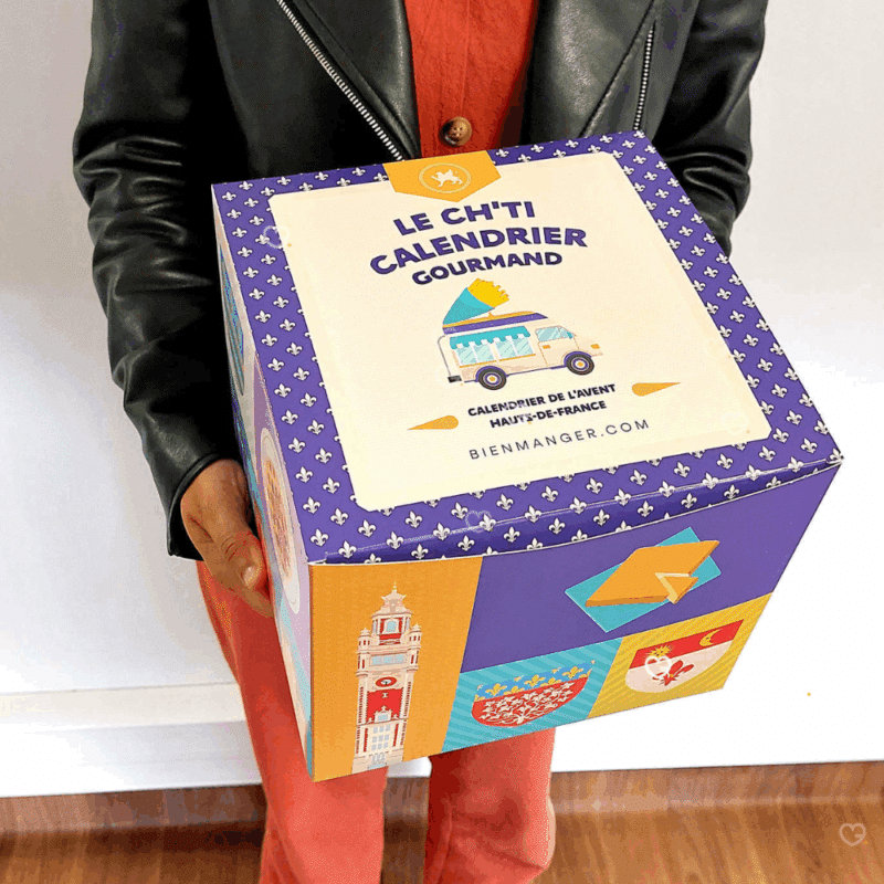 Calendrier de l’Avent gourmand Le Ch'ti Gourmand 2025 avec 24 spécialités sucrées et salées des Hauts-de-France, idéal adulte, homme femme avec produit artisanal.