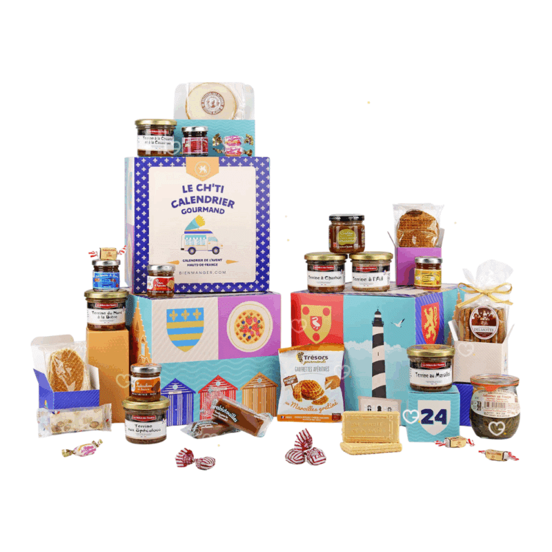 Calendrier de l’Avent gourmand Le Ch'ti Gourmand 2025 avec 24 spécialités sucrées et salées des Hauts-de-France, idéal adulte, homme femme avec produit artisanal.