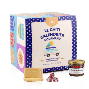 Calendrier de l’Avent gourmand Le Ch'ti Gourmand 2025 avec 24 spécialités sucrées et salées des Hauts-de-France, idéal adulte, homme femme avec produit artisanal.