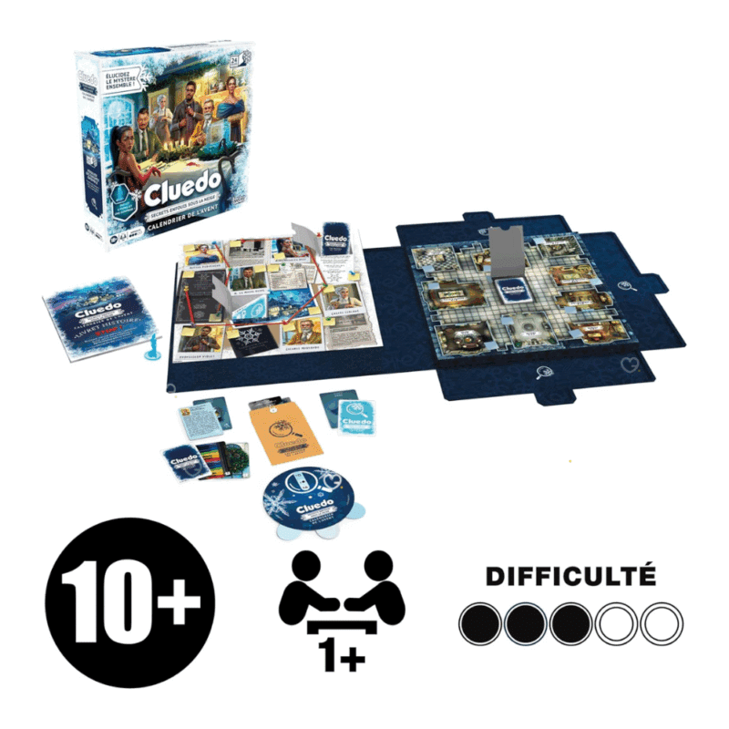 Calendrier de l’Avent Cluedo 2025 avec 24 jours de jeu, 22 énigmes, indices et pions, idéal pour familles et fans de jeux d’enquête.