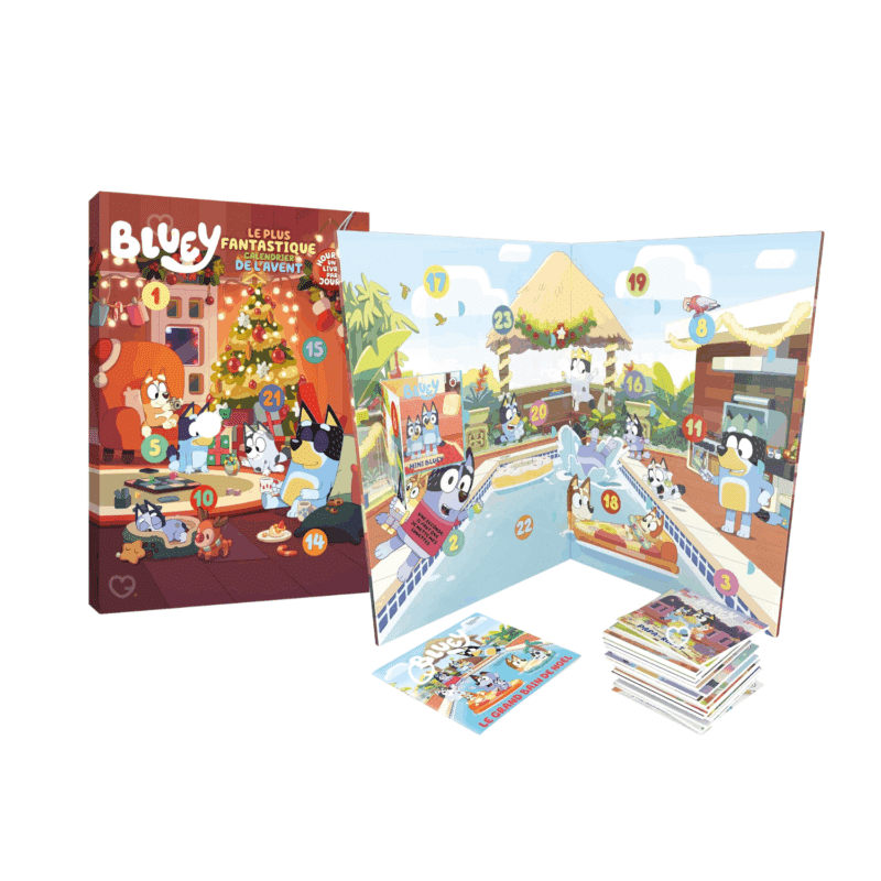 Calendrier de l’Avent Bluey 2025 pour enfants avec 24 petits livres d’histoires, 576 pages colorées à découvrir chaque jour avant Noël.