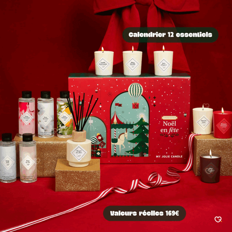 Calendrier de l’Avent My Jolie Candle 2025 élégant avec 24 surprises cocooning pour femmes, bougies parfumées, bijoux et décorations festives.