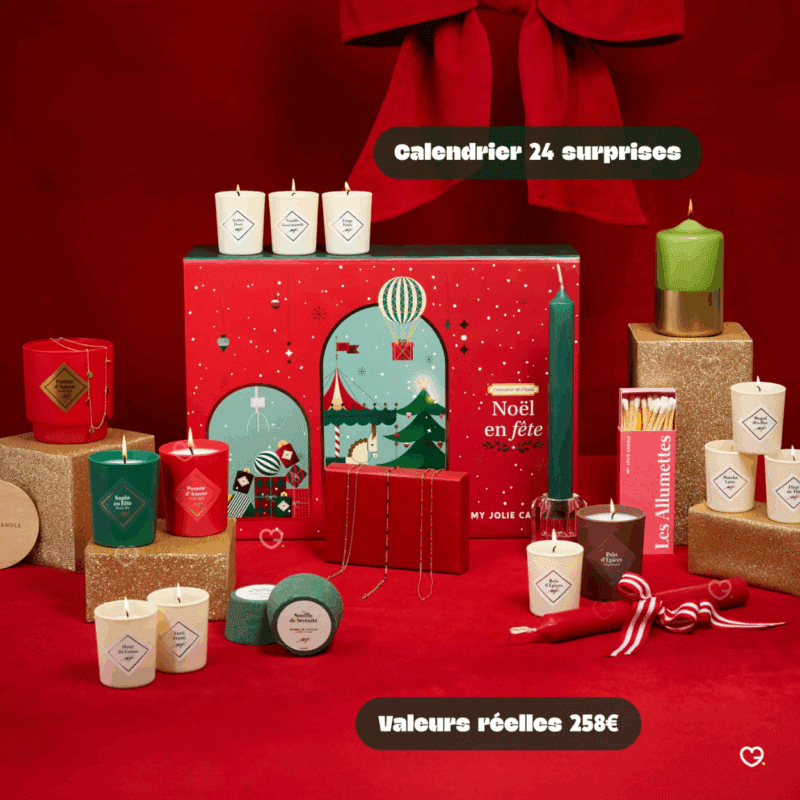 Calendrier de l’Avent My Jolie Candle 2025 élégant avec 24 surprises cocooning pour femmes, bougies parfumées, bijoux et décorations festives.