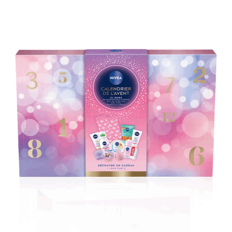 Calendrier de l’Avent Nivea Jeune 2025 avec 12 surprises beauté, 8 soins visage corps lèvres et 4 accessoires fun pour adolescents.