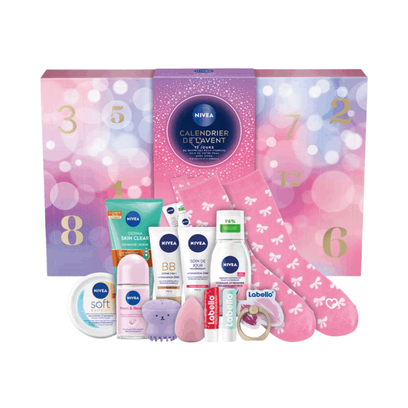 Calendrier de l’Avent Nivea Jeune 2025 avec 12 surprises beauté, 8 soins visage corps lèvres et 4 accessoires fun pour adolescents.