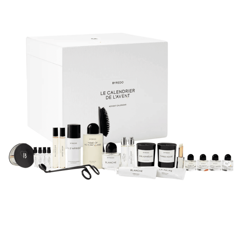 Calendrier de l’Avent Byredo 2025 édition luxe avec 24 mini parfums, bougies, soins et accessoires, idéal cadeau beauté premium femme