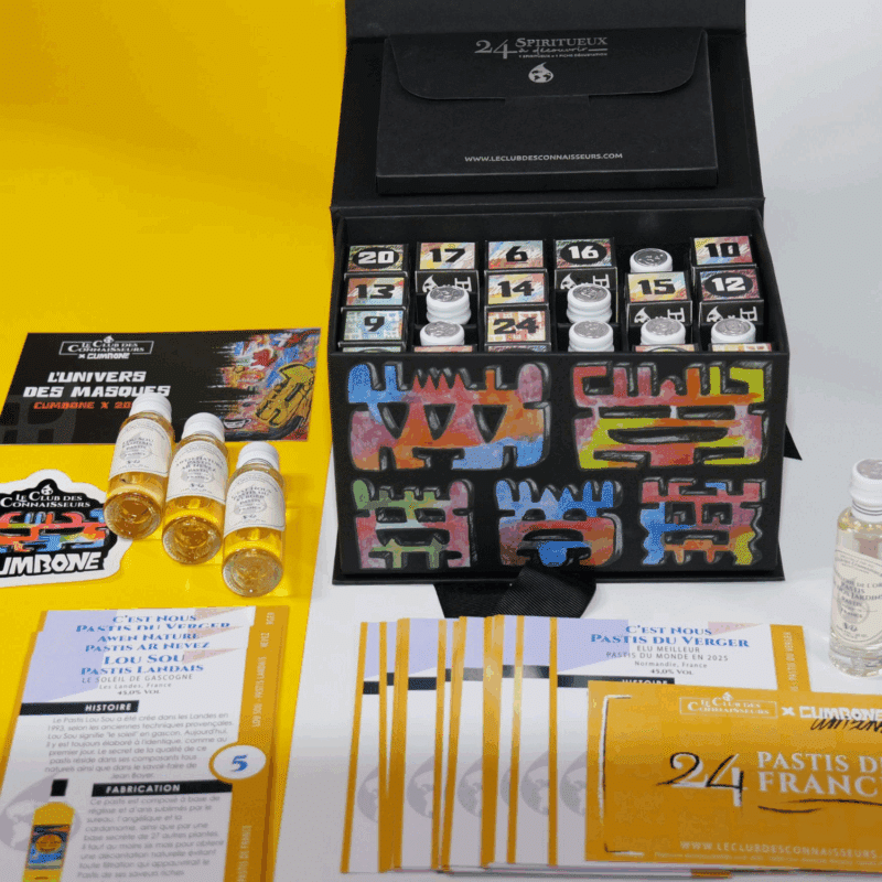 Calendrier de l’Avent Pastis 2025 avec 24 bouteilles artisanales, coffret collector élégant pour adulte amateur de spiritueux.