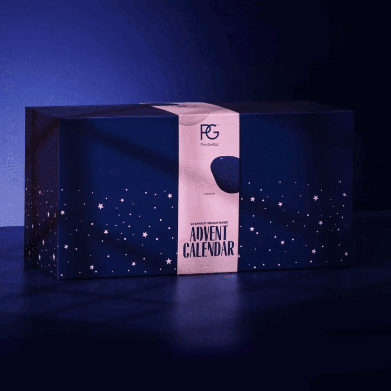 Calendrier de l’Avent Pink Gellac 2025 contenant 24 vernis semi-permanents, soins et accessoires ongles, cadeau beauté femme pour passionnées de manucure.