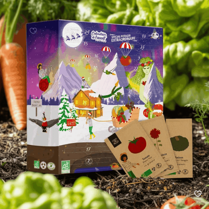 Calendrier de l’Avent Potager 2025 de Dr Jonquillet et Mr Ail avec 26 sachets de semences bio variées, cadeau original et durable pour adulte, homme femme passionnés de jardinage.