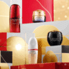Coffret beauté blanc, rouge et or Calendrier de l'Avent Shiseido 2025 contenant 24 soins visage, corps et maquillage