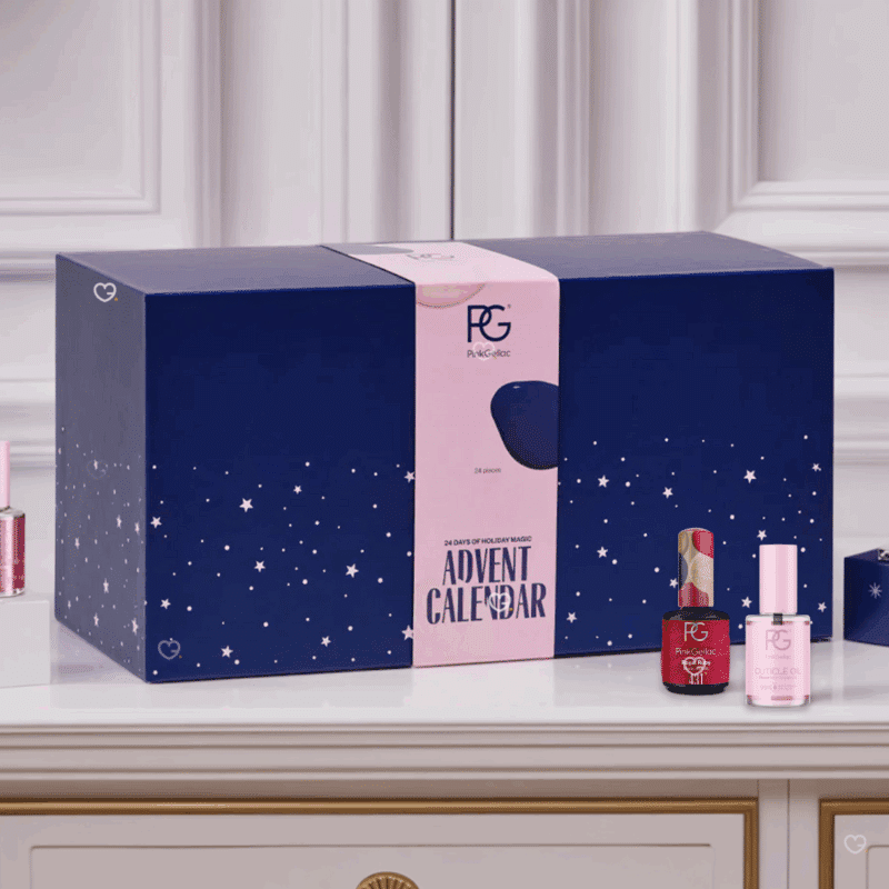 Calendrier de l’Avent Pink Gellac 2025 contenant 24 vernis semi-permanents, soins et accessoires ongles, cadeau beauté femme pour passionnées de manucure.