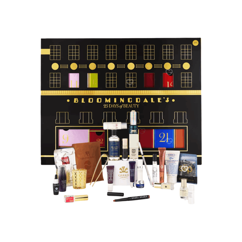 Calendrier de l’Avent bloomingdale's 2025 édition limitée avec 25 produits beauté luxe multimarque, soins visage et maquillage premium pour femme.