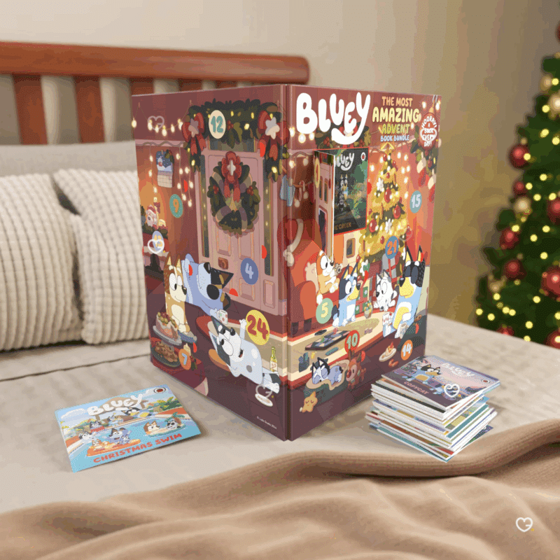 Calendrier de l’Avent Bluey 2025 pour enfants avec 24 petits livres d’histoires, 576 pages colorées à découvrir chaque jour avant Noël.