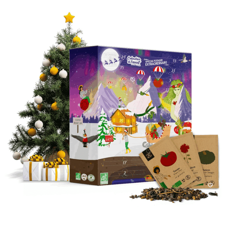 Calendrier de l’Avent Potager 2025 de Dr Jonquillet et Mr Ail avec 26 sachets de semences bio variées, cadeau original et durable pour adulte, homme femme passionnés de jardinage.