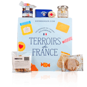 Calendrier de l’Avent Terroirs de France 2025 en cube festif, offrant 24 spécialités sucrées et salées régionales pour amateurs de gastronomie.