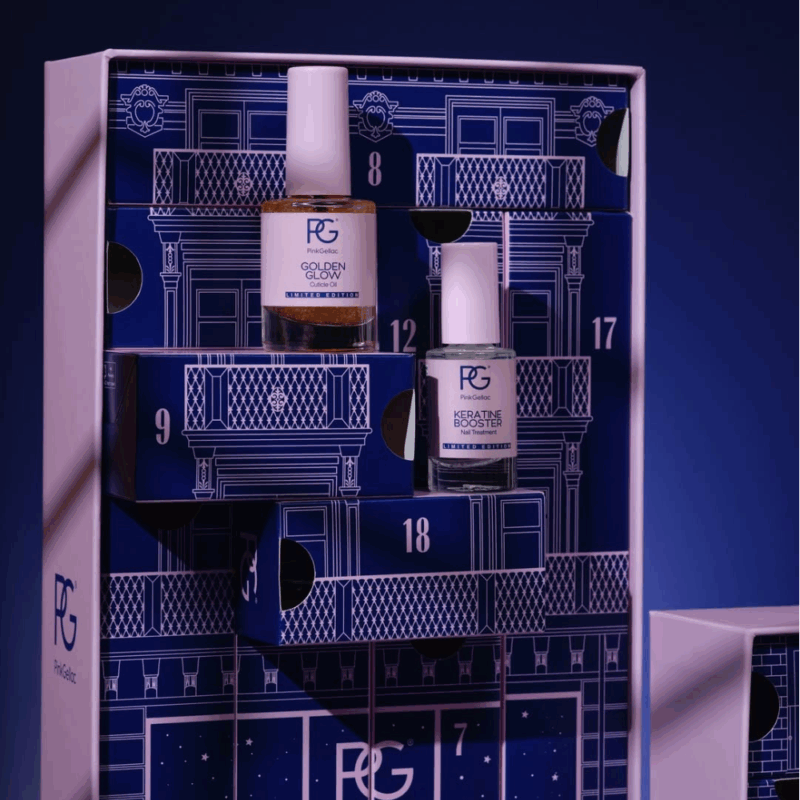 Calendrier de l’Avent Pink Gellac 2025 contenant 24 vernis semi-permanents, soins et accessoires ongles, cadeau beauté femme pour passionnées de manucure.