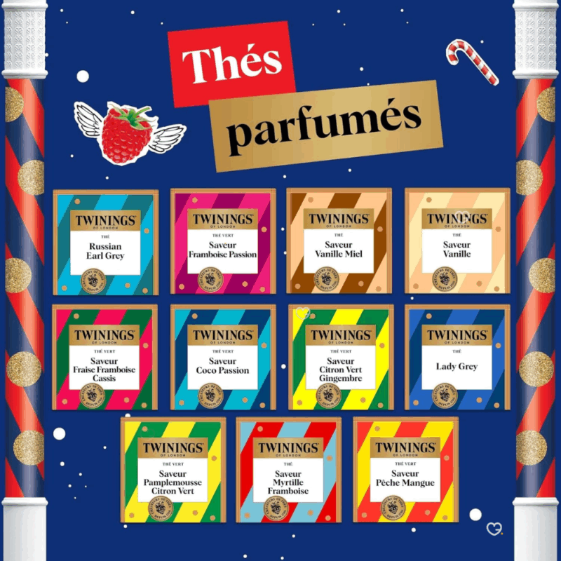 Calendrier de l’Avent Twinings 2025 contenant 24 sachets de dégustation, thés parfumés et infusions gourmandes pour amateurs de thé.
