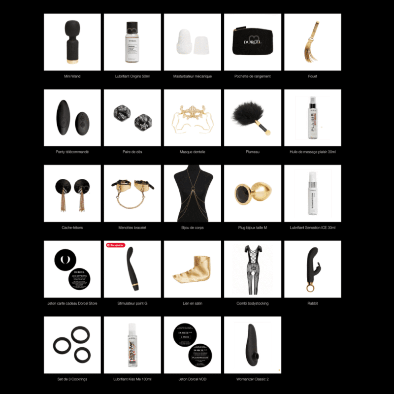 contenu complet du Calendrier de l’Avent Dorcel 2025 élégant avec 24 surprises érotiques premium, sextoys, lingerie et jeux coquins pour adulte, couple curieux.