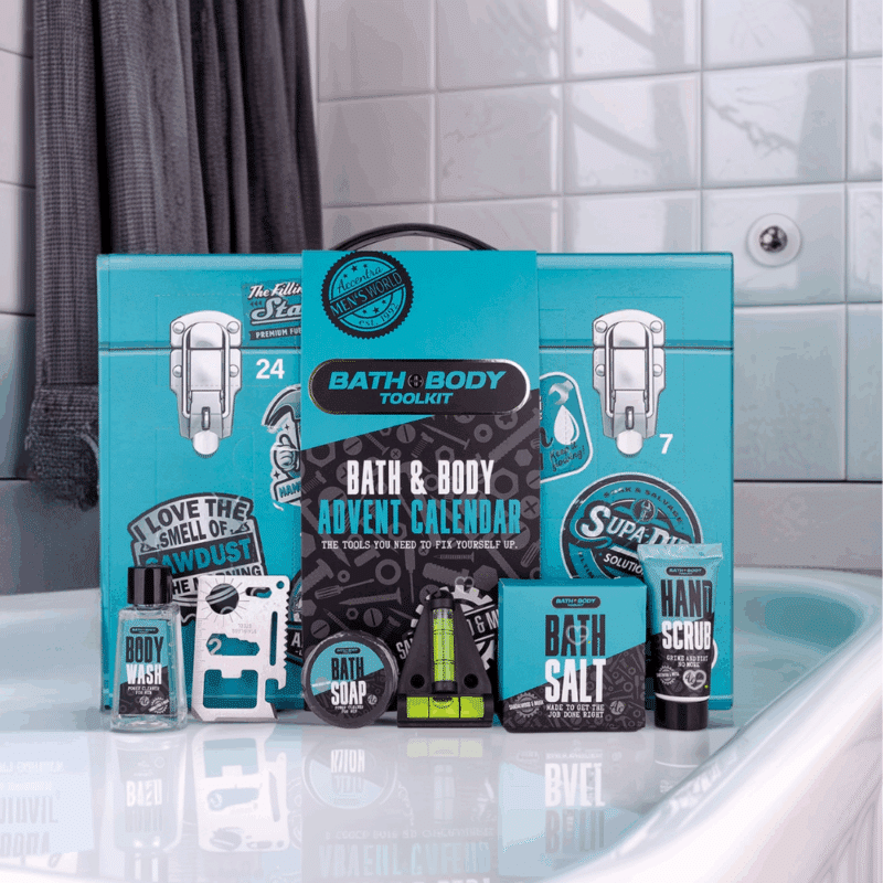 Coffret beauté homme Calendrier de l’Avent Accentra Men Style 2025 avec 24 soins visage et corps, gels douche, savons et accessoires, idéal pour beauté homme.