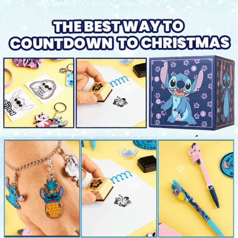 Calendrier de l’Avent Stitch 2025 Disney avec 24 surprises papeterie, bijoux, mini-figurines et décorations festives pour fans et enfants.