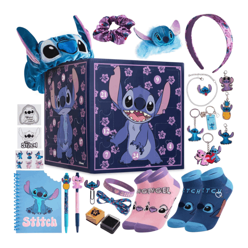Calendrier de l’Avent Stitch 2025 Disney avec 24 surprises papeterie, bijoux, mini-figurines et décorations festives pour fans et enfants.