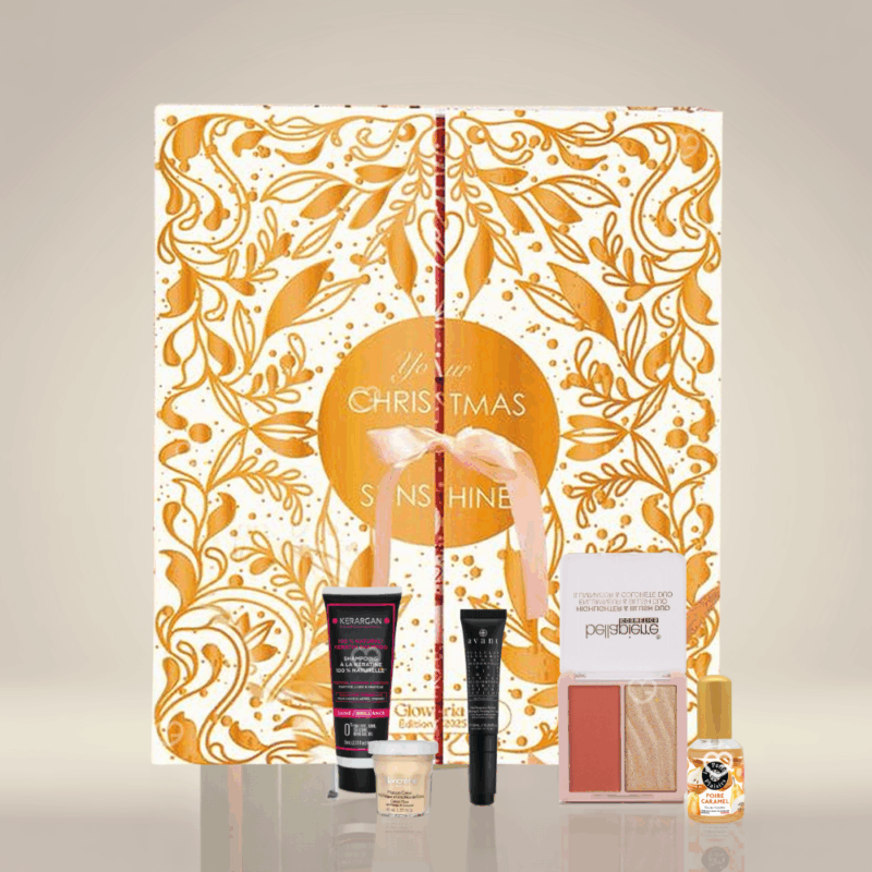 coffret beauté doré et blanc avec noeud calendrier de l'avent Glowria 2025 avec 25 produits de soins beauté multimarque pour visage corps et maquillage