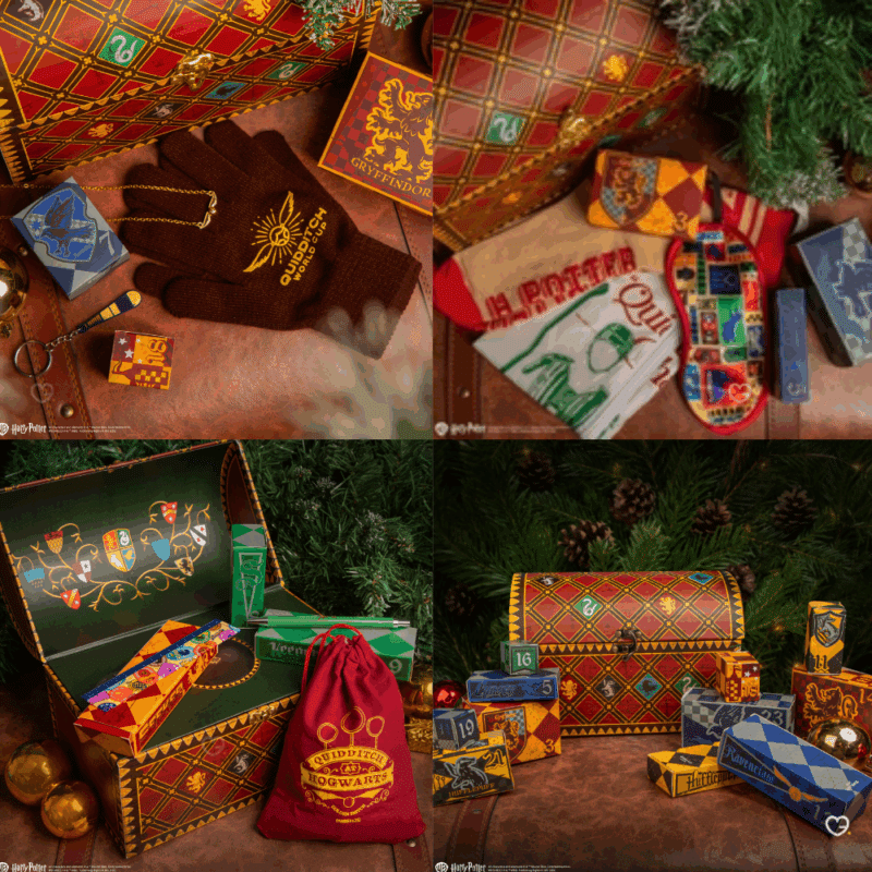 Coffret theme Quidditch Calendrier de l’Avent Harry Potter 2025 renfermant 24 surprises magiques : bijoux du Vif d’Or, chaussettes, porte-clés et objets de collection pour fans de Poudlard.